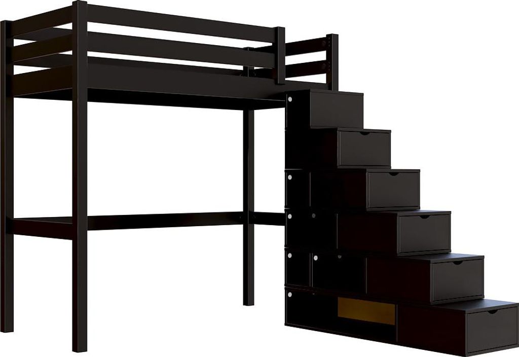 Hochbett holz mit Treppenregal Sylvia - 90x200 - Schwarz
