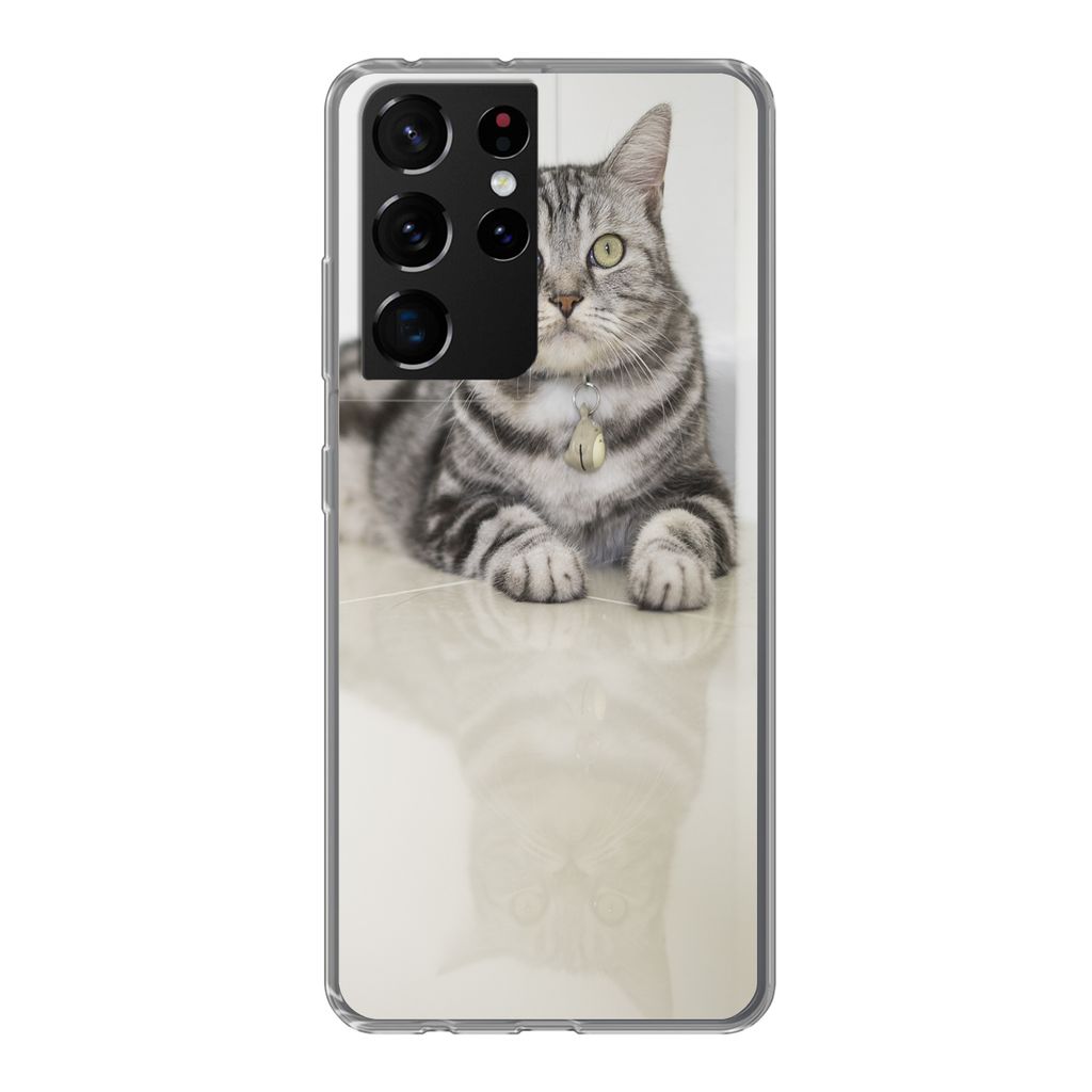 MuchoWow Handyhülle Schutzhülle Hülle für Samsung Galaxy S21 Ultra Katze - Grau - Tier - Mädchen - Kinder - Jungen - Kind Silikon Softcase H...