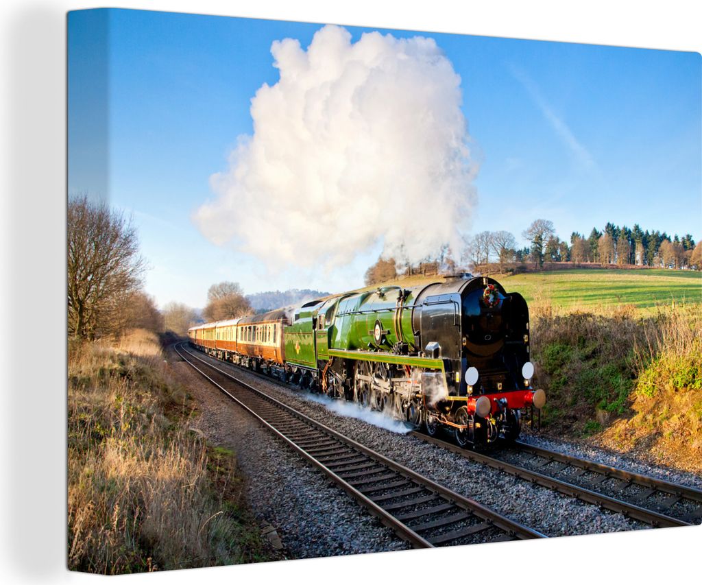 OneMillionCanvasses - Leinwandbilder - 140x90 cm, Ein bunter Dampfzug in einer grünen Landschaft, Wandbilder Kunstdruck Wanddekoration - Foto au...
