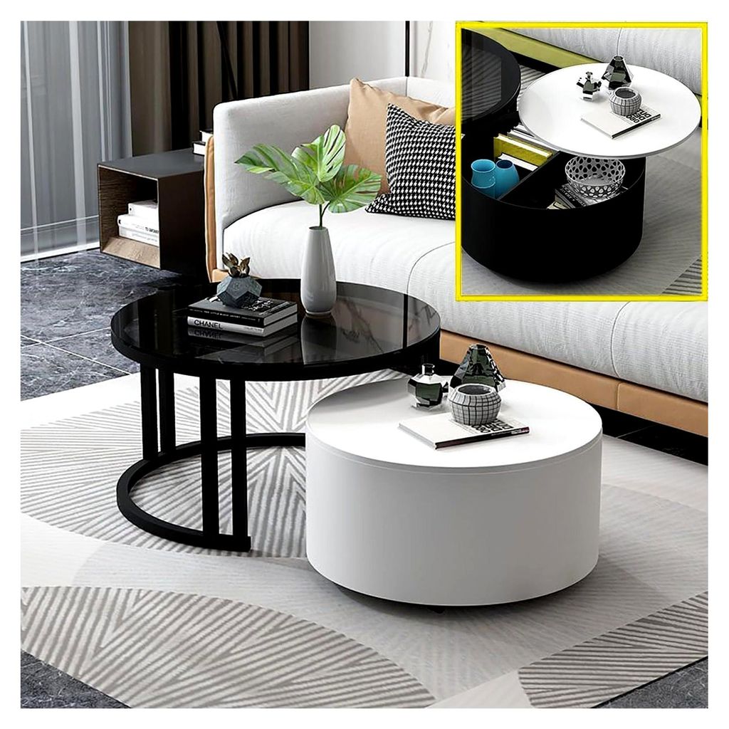 2er-Set Zusammensetzbarer Couchtisch, Moderner Runder Couchtisch mit Stauraum, Stapelbare Beistelltische mit Glasplatte und stabilen Beinen
