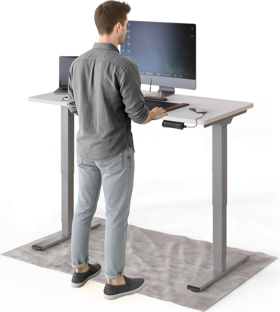 DESKSPACE PRO Plus Elektrisch höhenverstellbarer Schreibtisch, 120x60 cm Stehpult mit Memory-Funktion, Weiße Tischplatte, Graues Gestell