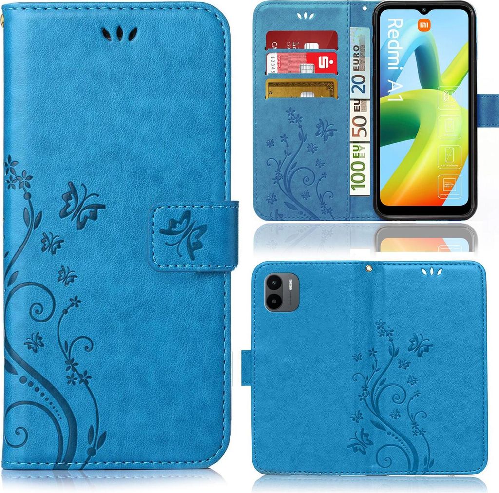 Collage of a blue flip phone case for a Xiaomi Redmi A1, showing the front, back, and inside with card slots and a phone.