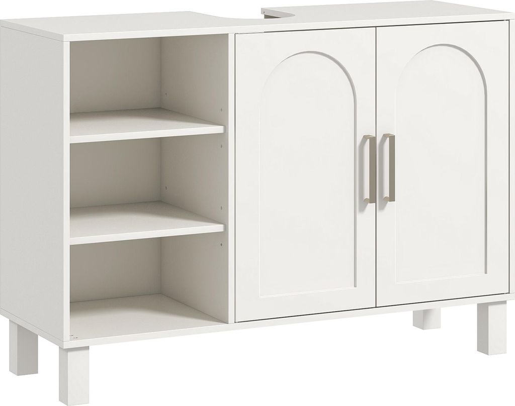 HOMCOM Unterschrank, Badezimmerschrank mit zwei Ablagen, 2 Türen, verstellbaren Einlegeböden, auf Füßen, aus Holz, 90 x 30 x 63 cm, cremefarben