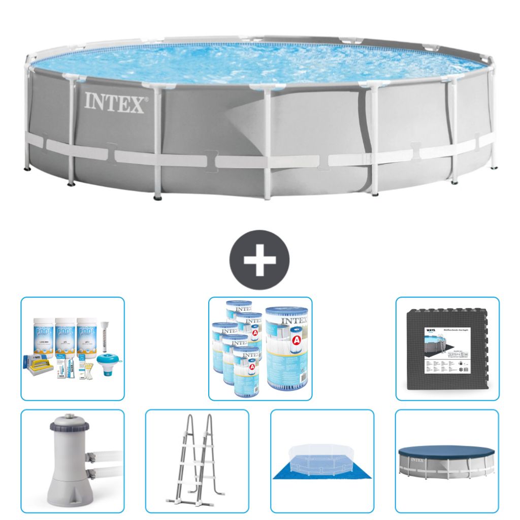 Intex Round Prism Frame Swimming Pool – 427 x 107 cm – Grau – inklusive Pumpe – Leiter – Bodenplane – Abdeckung Wartungspaket - Filter ...