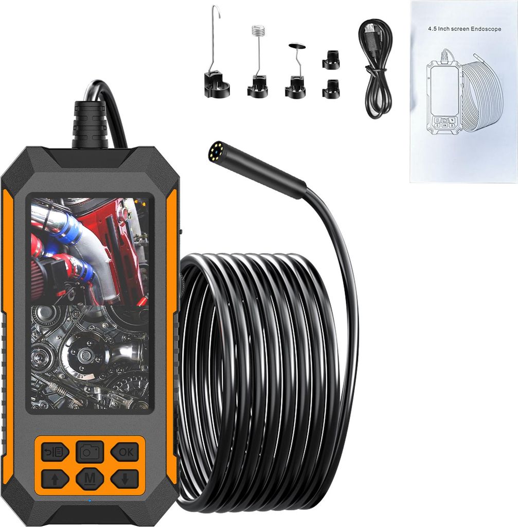Industrielles Endoskop, 1080P HD-Endoskop-Werkzeuge mit 4,5-Zoll-IPS-Bildschirm und 8 einstellbaren LED-Leuchten, Endoskop 33FT halbstarre Schlange...