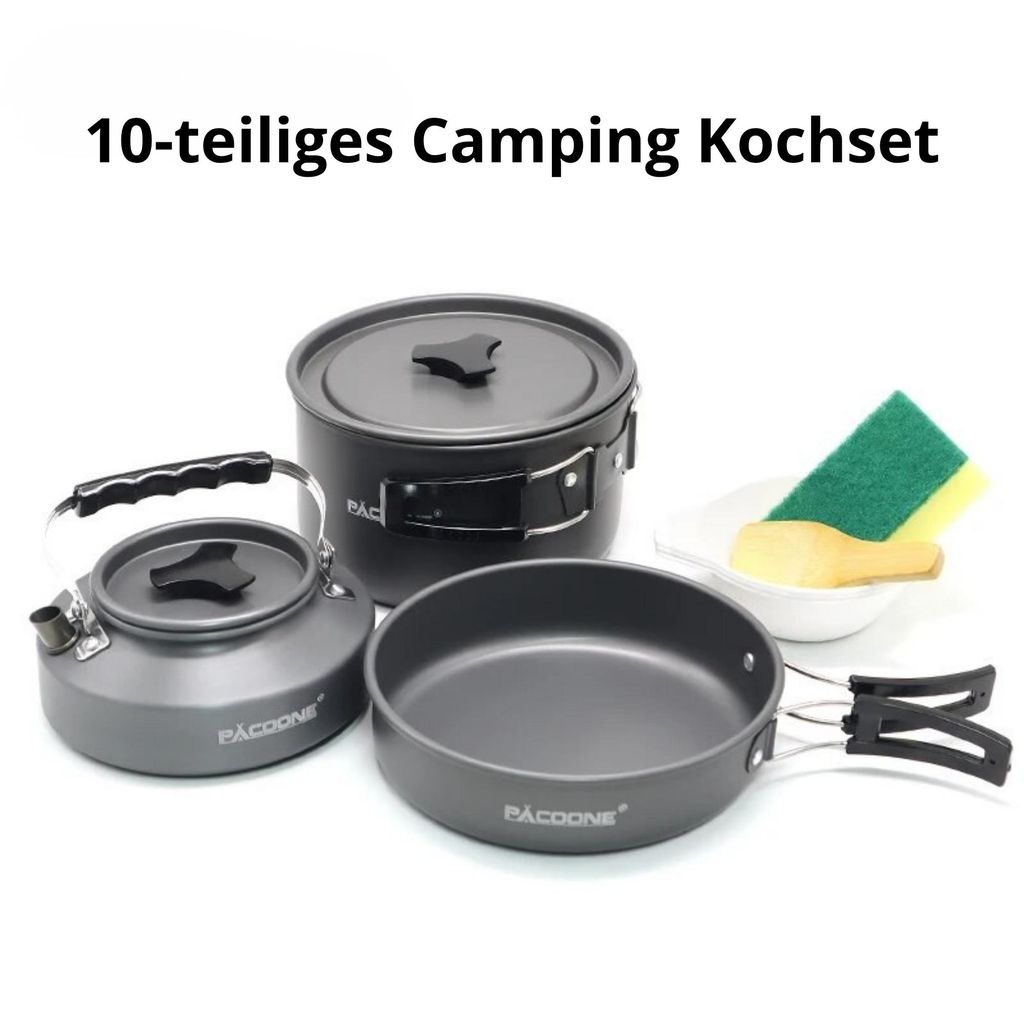 Camping Kochset 10-teilig – Outdoor Topfset mit Wasserkocher & Pfanne, Leichtes Campinggeschirr aus Aluminium für Camping, Wandern