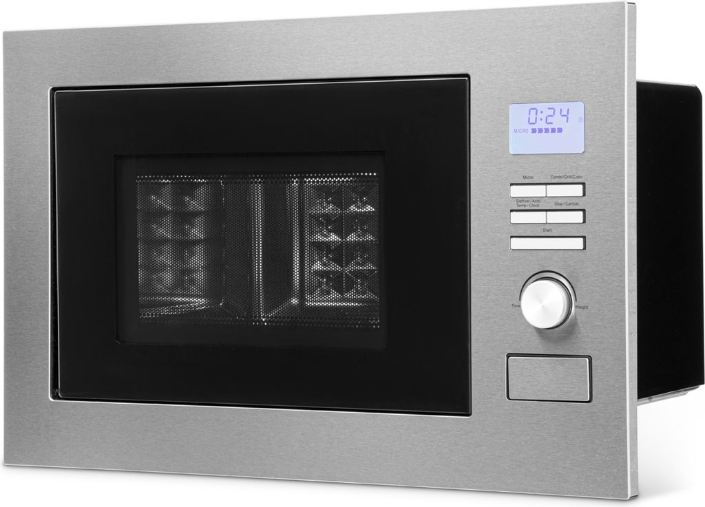 A built-in microwave oven viewed from a three-quarter angle.