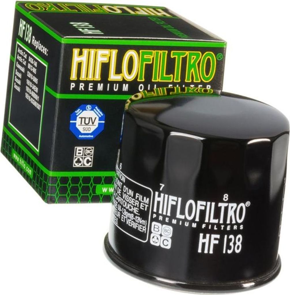 A black oil filter and its packaging are displayed against a white background.