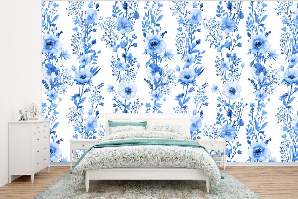 MuchoWow Fototapete für Wohnzimmer oder Schlafzimmer Wandtapete Vinyl Motivtapete Blumen - Anemone - Blau - Muster - 320x240 cm - Tapeten