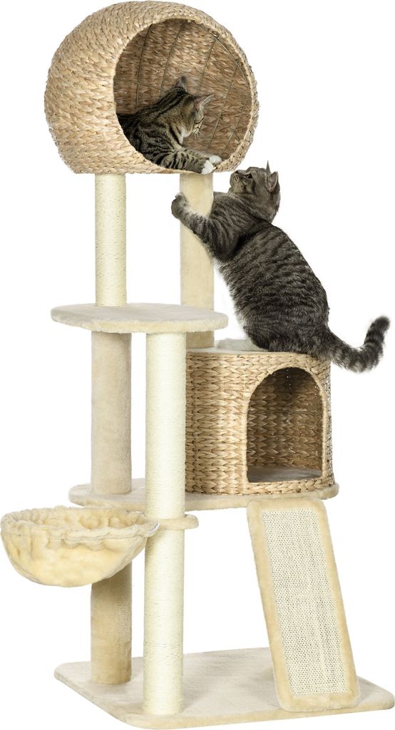 Two cats playing on a multi-level cat tree.