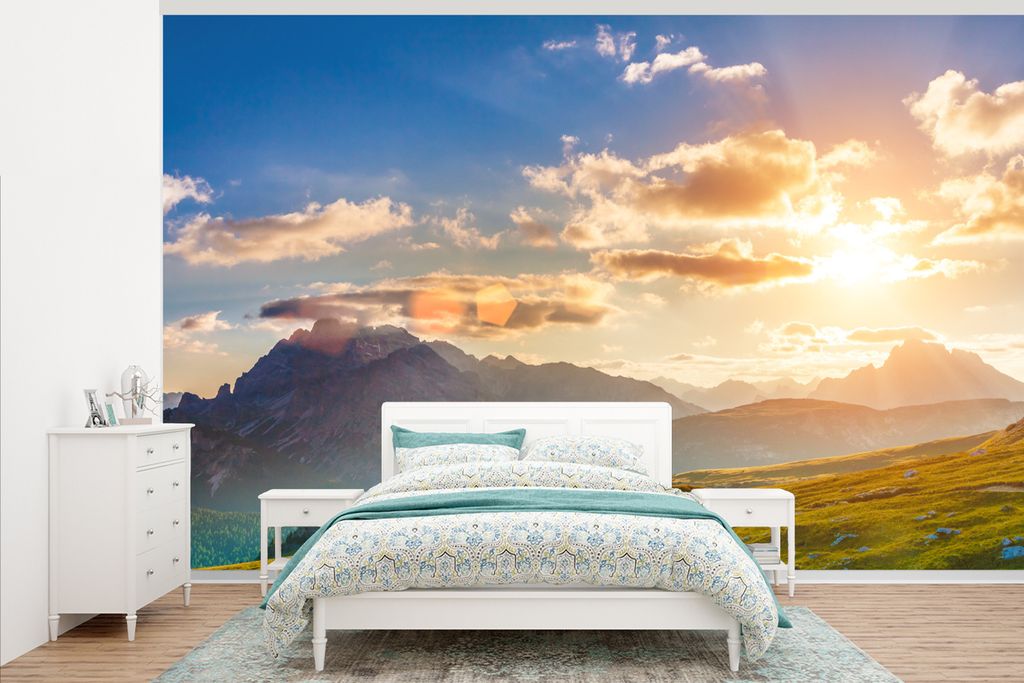 MuchoWow Fototapete für Wohnzimmer oder Schlafzimmer Wandtapete Vinyl Motivtapete Sommer - Sonnenuntergang - Berge - 405x260 cm - Die Küche