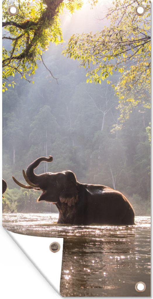 MuchoWow 80x160 cm Outdoor-Poster Gartendeko Sichtschutz Garten Poster für den Garten Spielende Elefanten