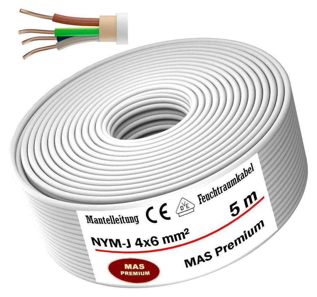 5m Feuchtraumkabel Stromkabel Mantelleitung NYM-J 4x6 mm² Elektrokabel