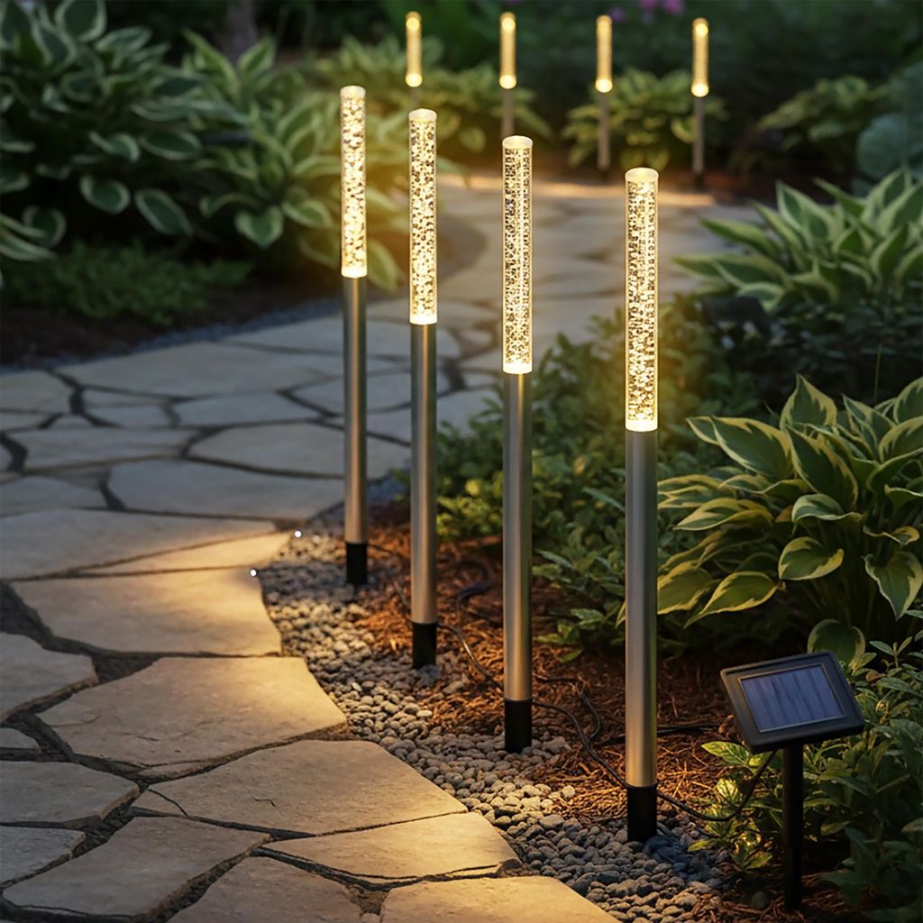 LED Solar Gartenstecker 43 cm im Sprudelsäulen Design - 4er Set - Wegeleuchte solarbetrieben warm weiß beleuchtet