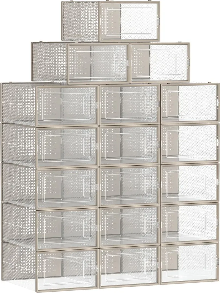 Organisateurs de chaussures transparents, lot de 18 boîtes beiges