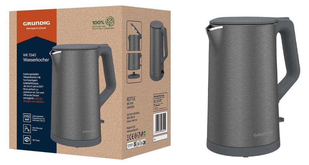 The image shows the packaging of a Grundig electric kettle, with a separate image of the kettle itself on the right.