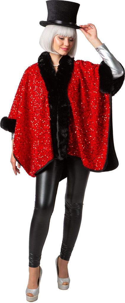 Pailletten Poncho Umhang Überwurf Show Rot Damen Karneval Kostüm Zubehör