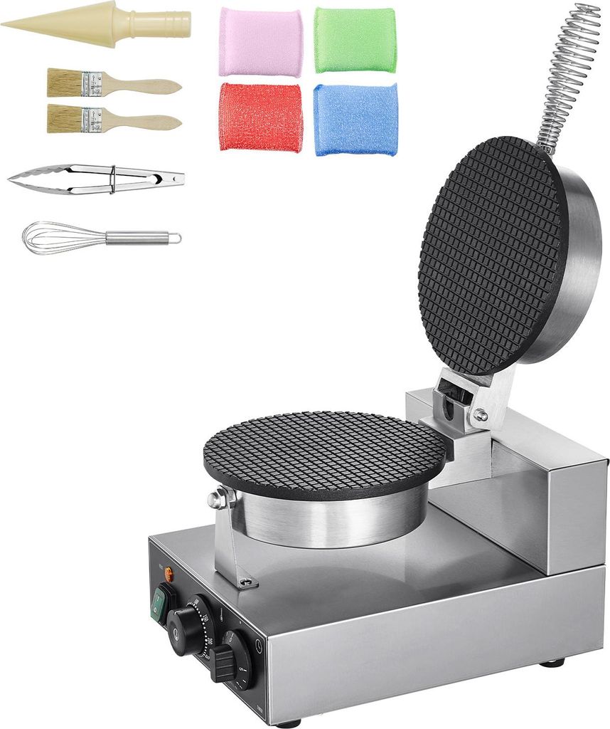 A waffle cone maker and various baking accessories are displayed against a white background.