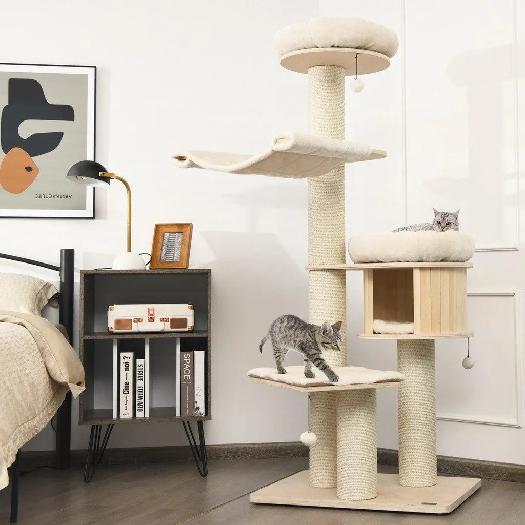 Arbre à chat de 174 cm en bois massif - Tour à chat à 4 étages naturel