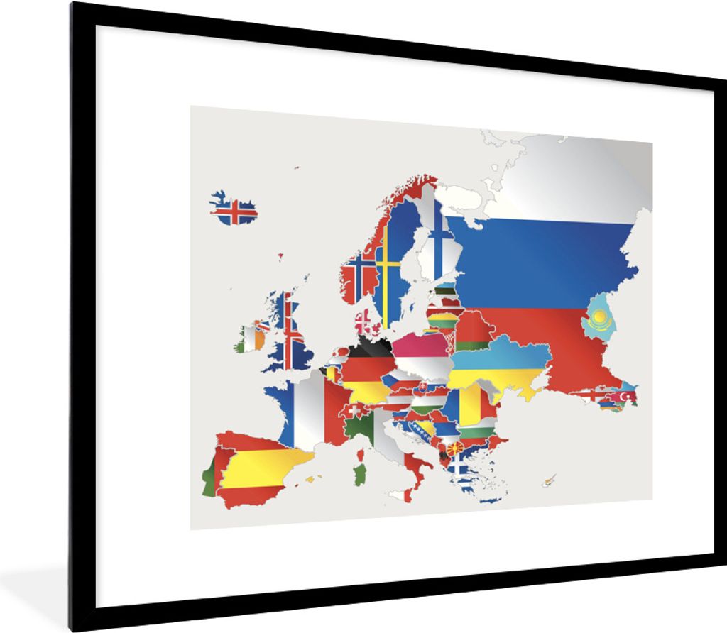 MuchoWow MuchoWow Gerahmtes Poster Karte - Europa - Flaggen 80x60 cm - Poster mit zchwarzem Bilderrahmen - Schlafzimmer-Dekorationen - Fotoposter