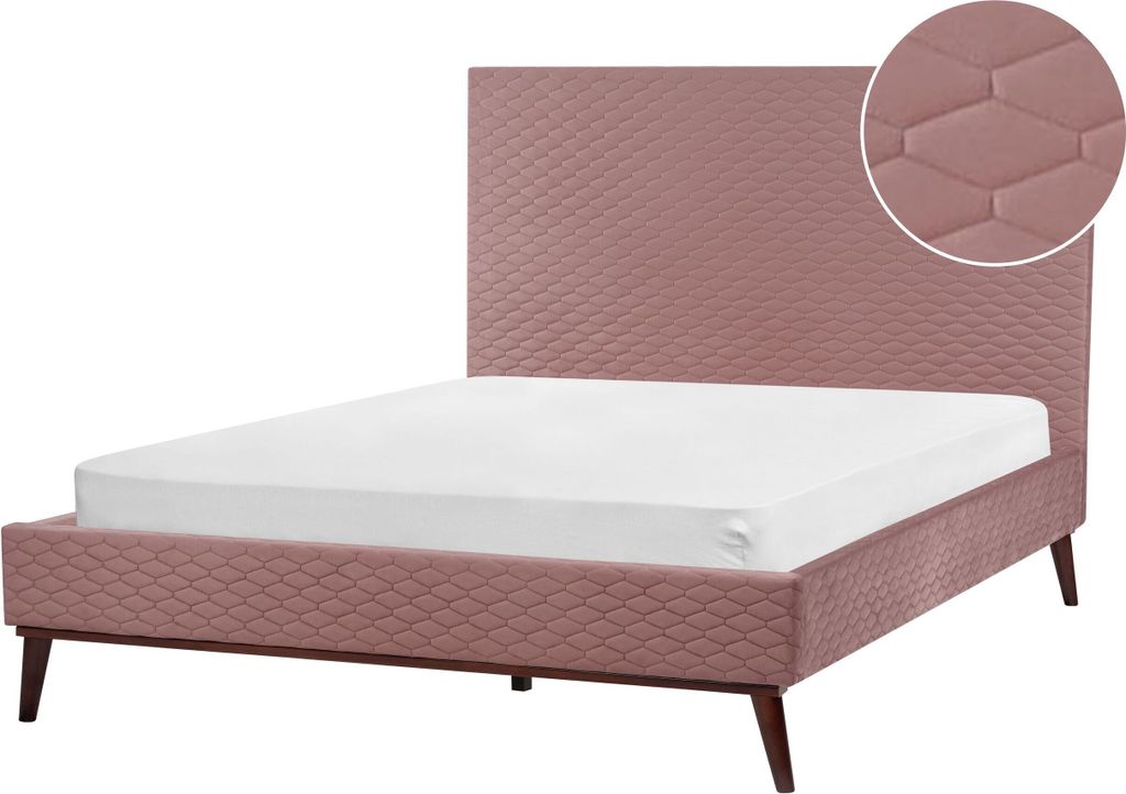 BELIANI Bett Rosa Samt mit Lattenrost 140 x 200 cm Gestepptes Hohes Kopfteil Schlanke Holzbeine Glamourös Polsterbett Doppelbett Samtbett Ehebett