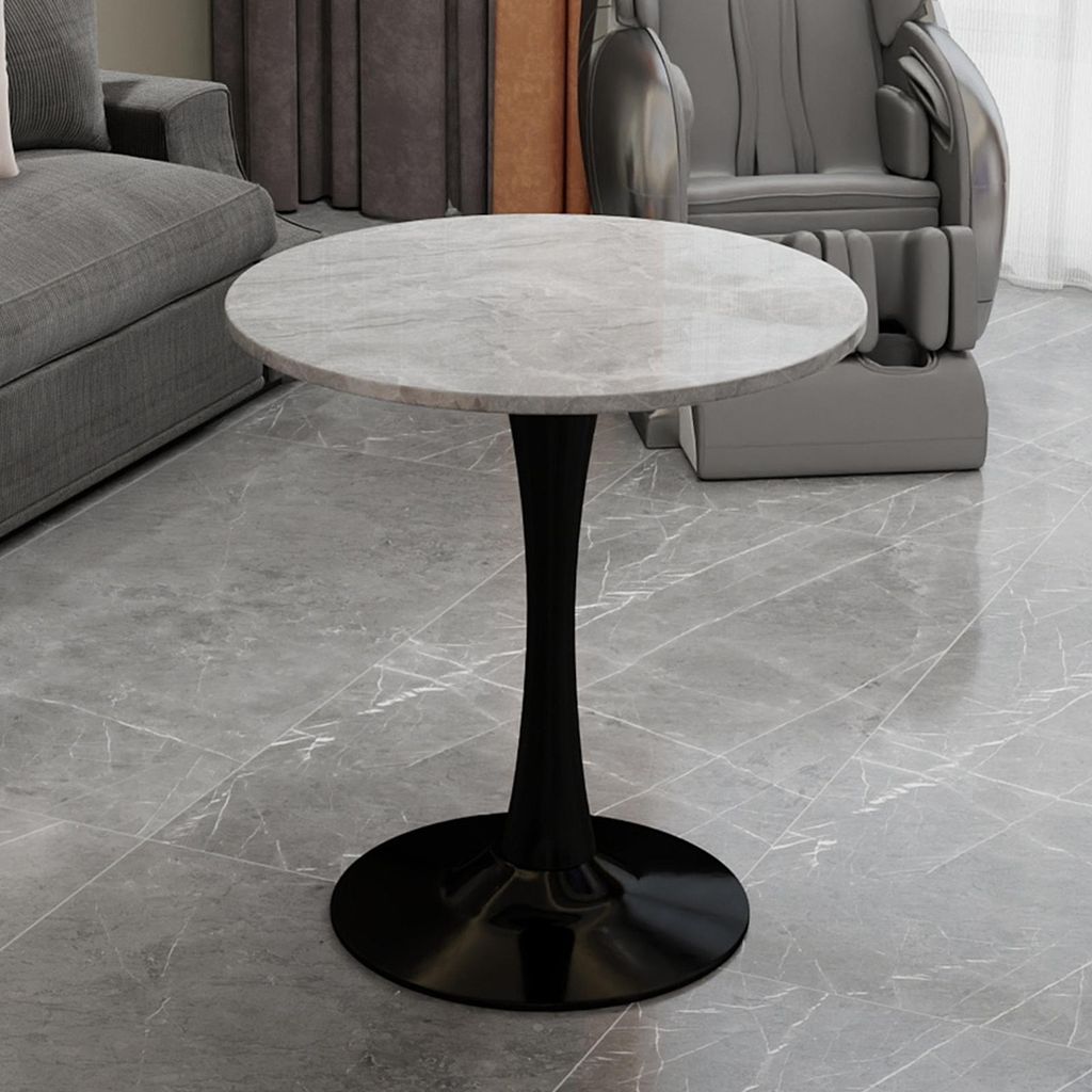 27,6-Zoll-Couchtisch in Schwarz, Esstisch im Mid-Century-Modern-Stil, geeignet für 2–4 Personen, mit runder Marmorplatte mit hellgrauen Adern