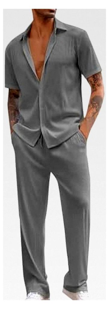 Zweiteiler Herren Casual Sommer Kurzarm Hemdanzug Einfarbig Button-Up Hemd und Hose