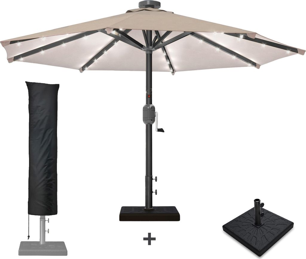 SUN MARINO | Sonnenschirm | Rund | Ø 300 cm | Taupe | LED | +Ständer & Hülle | Sonnenschirm, Gartenschirm, Ampelschirm, Balkonschirm