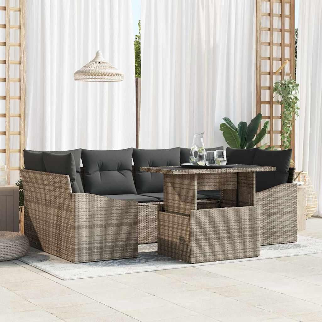 "2026 Promotion" Garten-Sofa-Set - Balkonmöbel - mit Speicher 7 pcs - Grau Poly Rattan - Gartenmöbelset CC19466