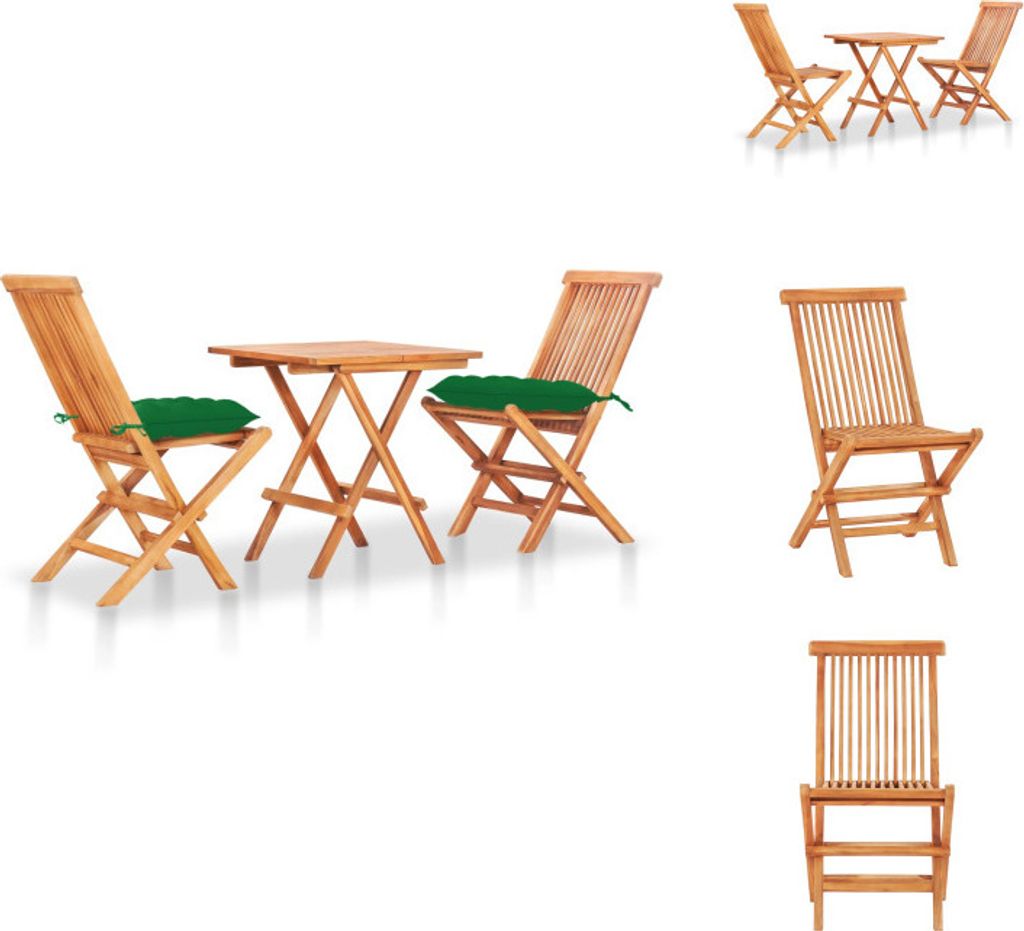 vidaXL 3-tlg. Bistro-Set mit Grünen Kissen Massivholz Teak - Gartenmöbel-Sets