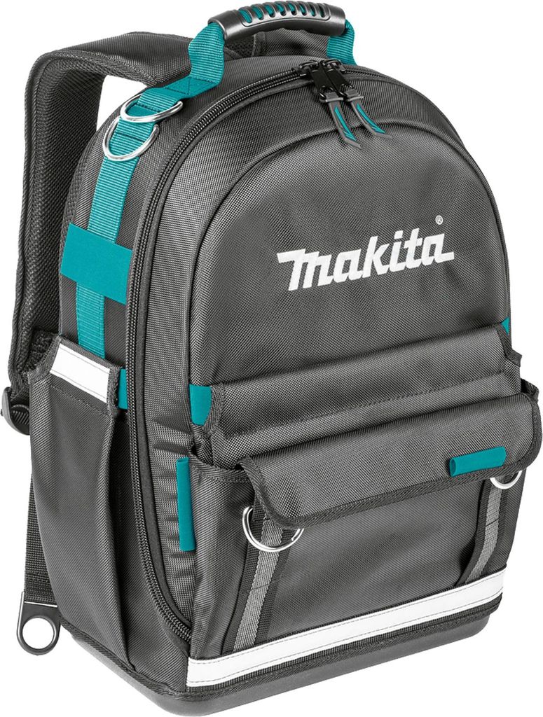 A gray Makita tool backpack with teal accents is shown against a light gray background.