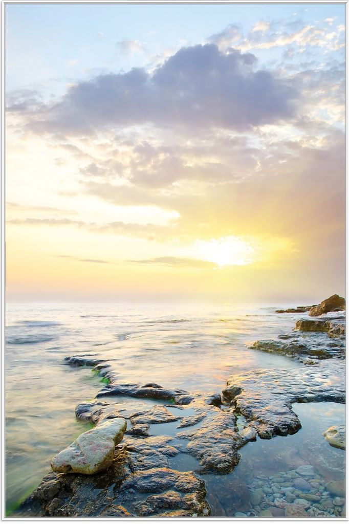 Wallario Wandbild Sonnenuntergang über dem Meer, Größe: 61 x 91,50 cm, Poster mit weißem Aluminiumrahmen