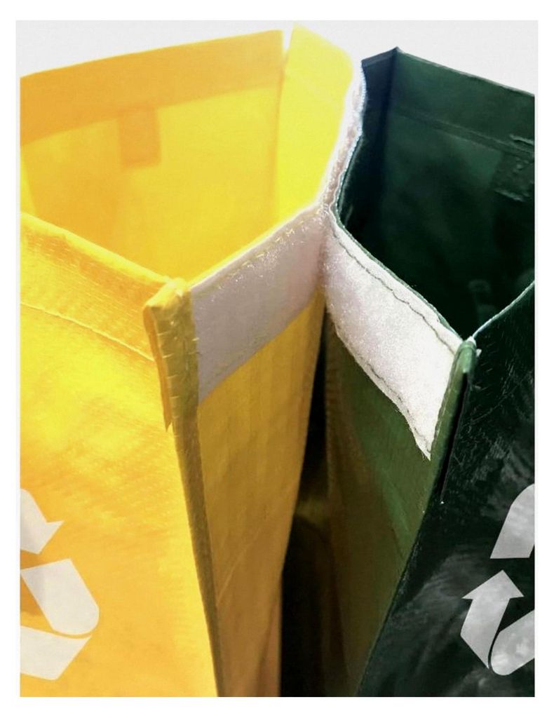 Set aus 3 Recycling-Beuteln - Robuste Tragetaschen für Glas, Kunststoff und Papier - Velcro-Haken, leicht zu entleeren - gelb, grün, blau