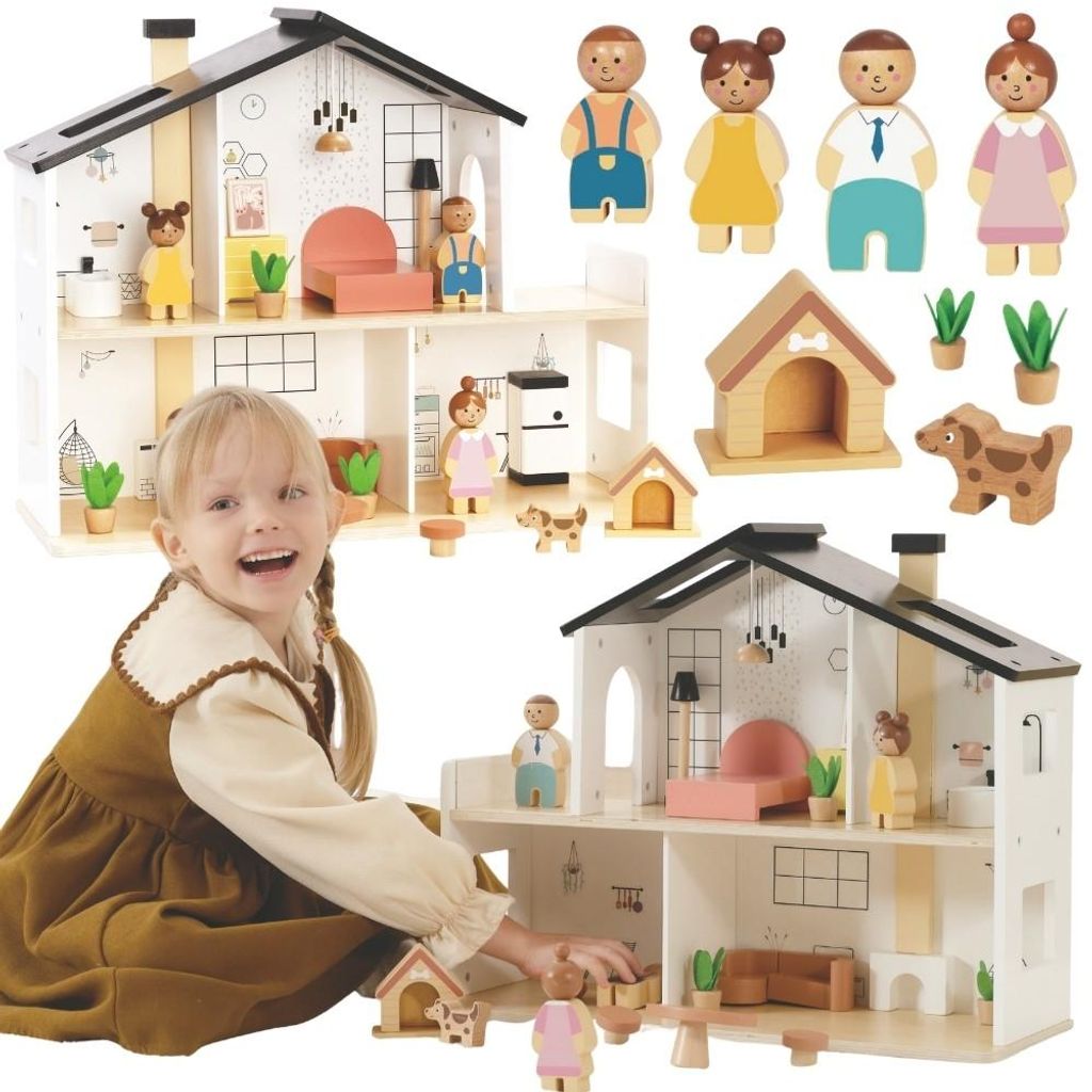 Tooky Toy Holzpuppenhaus mit Zubehör und Familie, 20-teilig