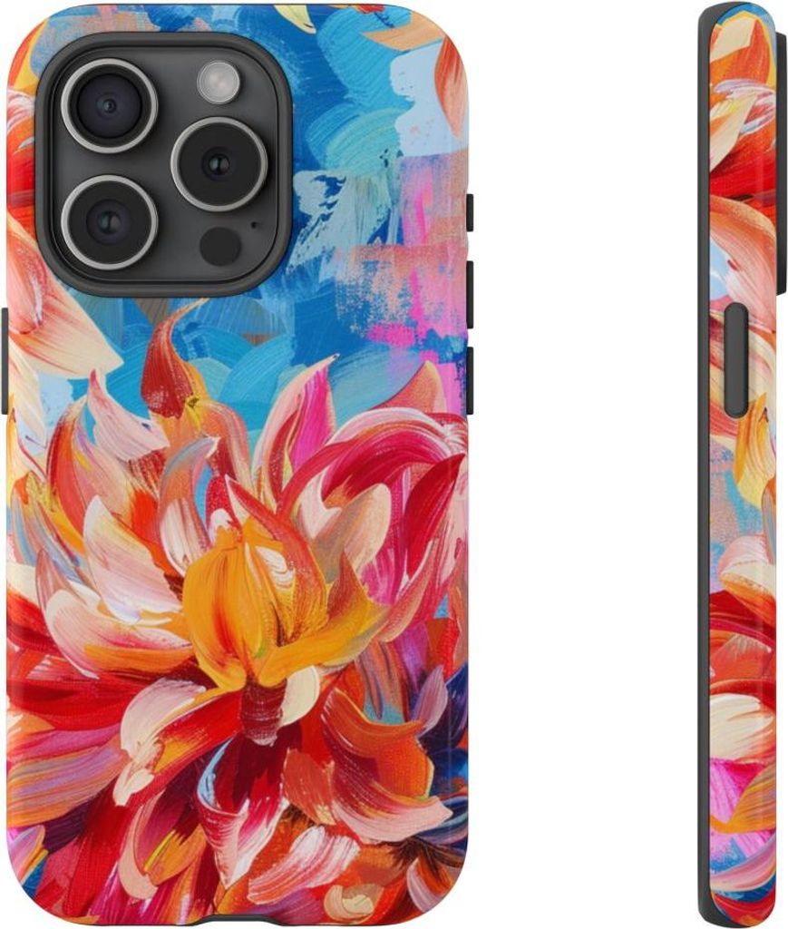 Leuchtende Dahlien auf abstraktem blauem Hintergrund – Hülle Kompatibel mit iPhone 15 Pro