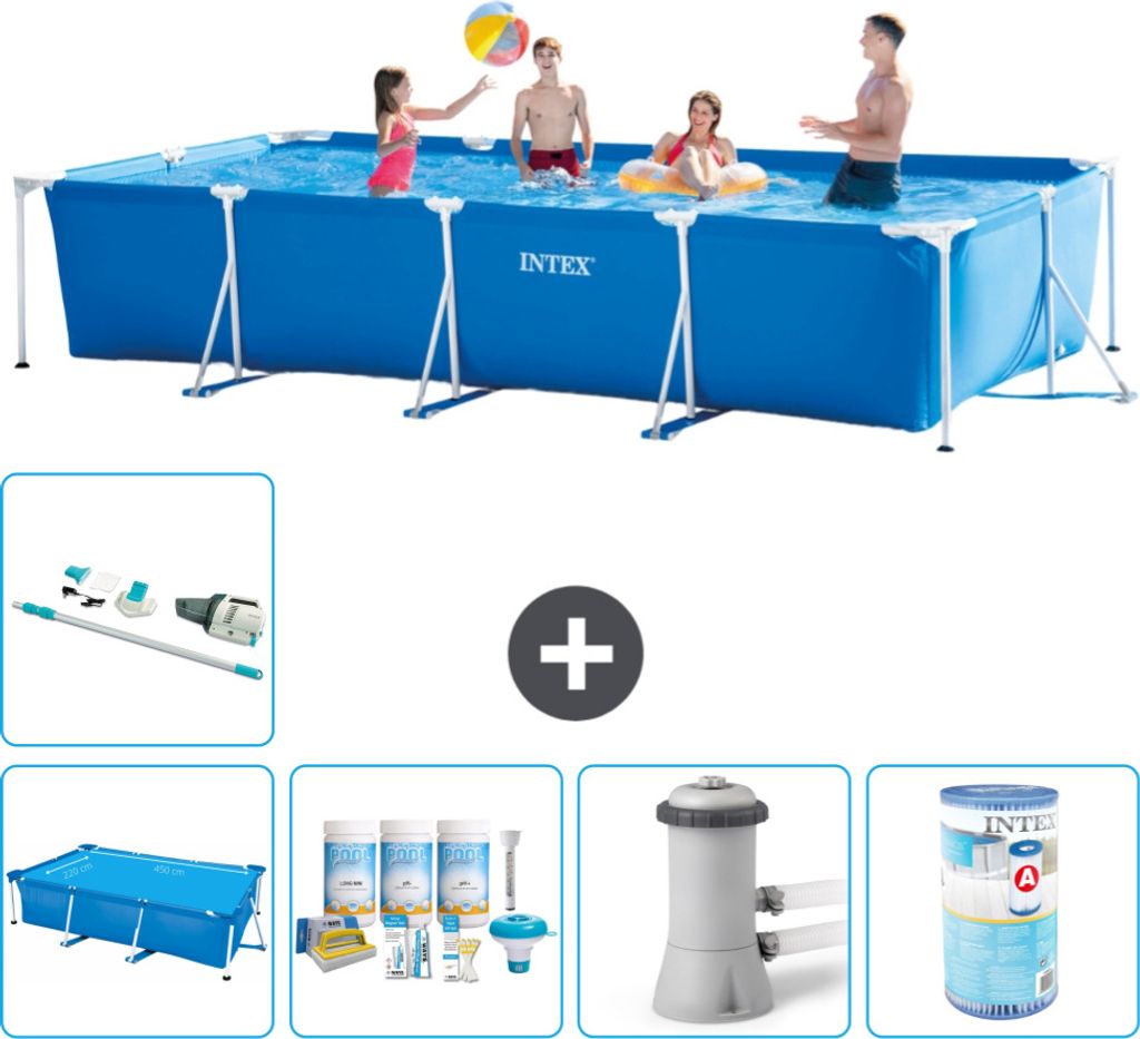 Intex-Schwimmbecken mit rechteckigem Rahmen – 450 x 220 x 84 cm – Blau – im Lieferumfang enthalten Sonnensegel - Wartungspaket - Filterpumpe ...