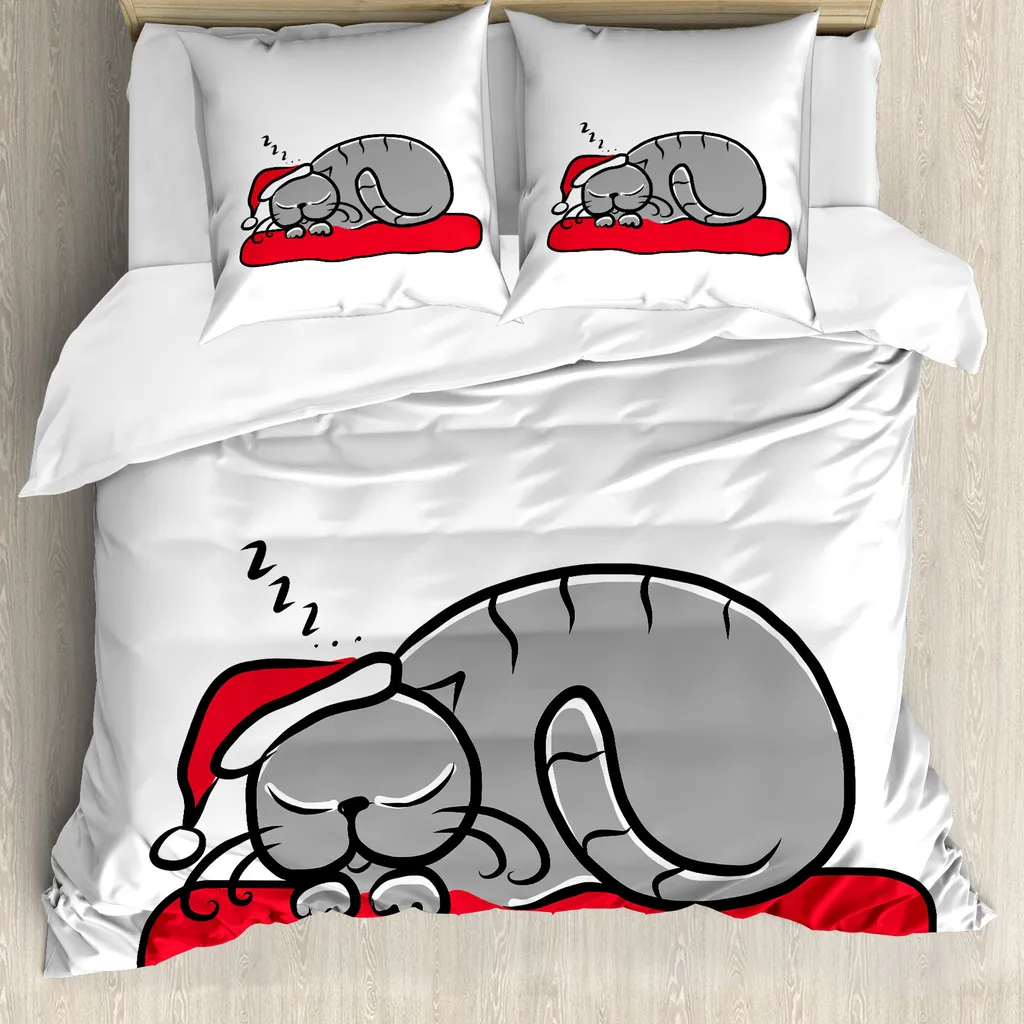 ABAKUHAUS Copripiumino natalizio, gatto con cappellino natalizio, antiacaro, adatto a chi soffre di allergie, con federe, 155 cm x 220 cm - 80 x 80 cm, bianco, rosso, grigio