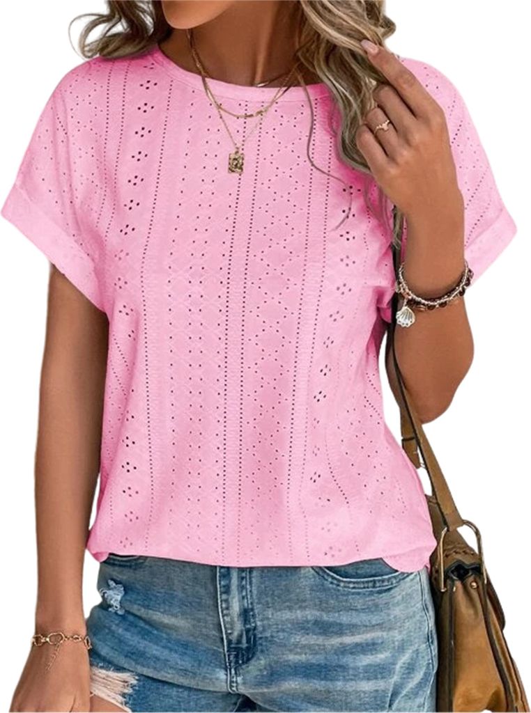 ASKSA Damen T-Shirt Rundhals Lochstickerei Bluse Sommer Einfarbig Kurzarm Elegant Lose Tunika Oberteile (Rosa,XXL)