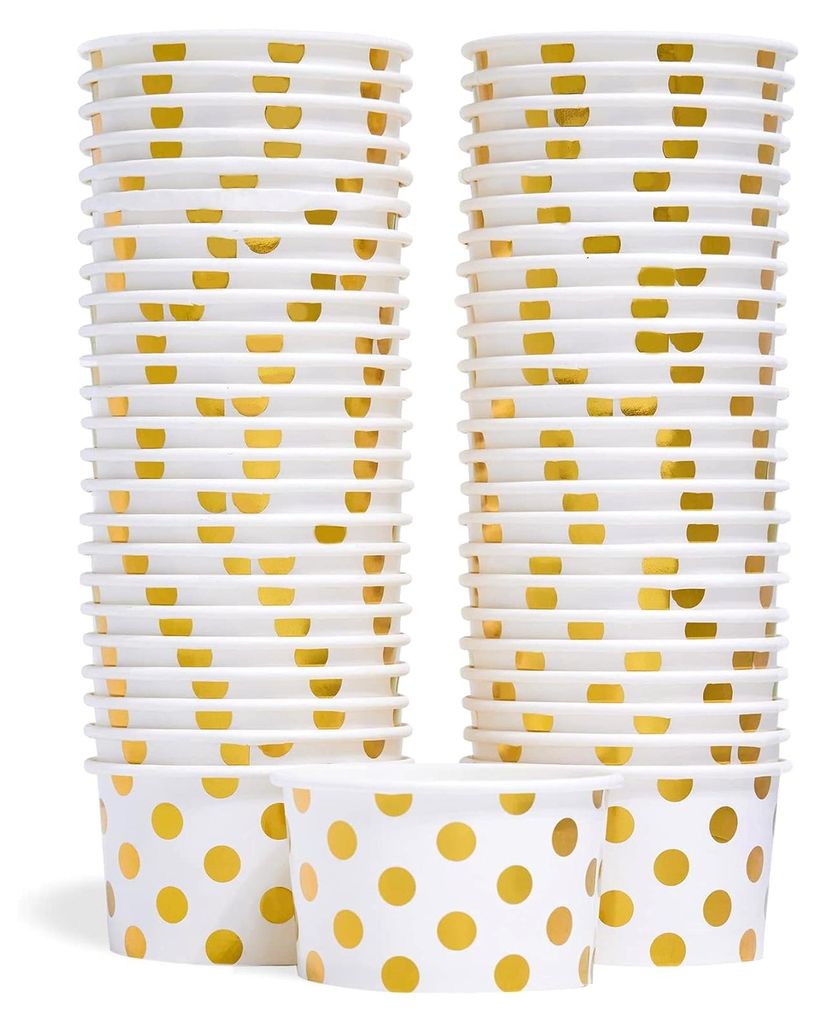 Papp-Eisbecher – 50 Stück, 160 ml Einweg-Dessertschalen für heiße und kalte Speisen, Partybecher für Eis, Frozen Yogurt und Suppe mit goldene...