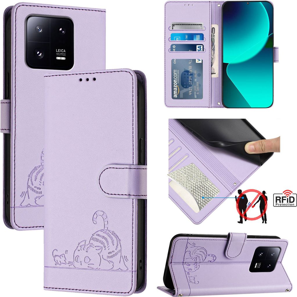 Leder Hülle für Xiaomi 13 Pro Süße Katze Flip Case Brieftasche Schutzhülle mit Standfunktion Lila
