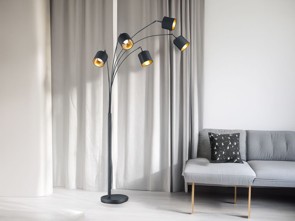 Große Stehlampe 5-flammig Höhe 200cm, Stoffschirme Schwarz Produktbild 