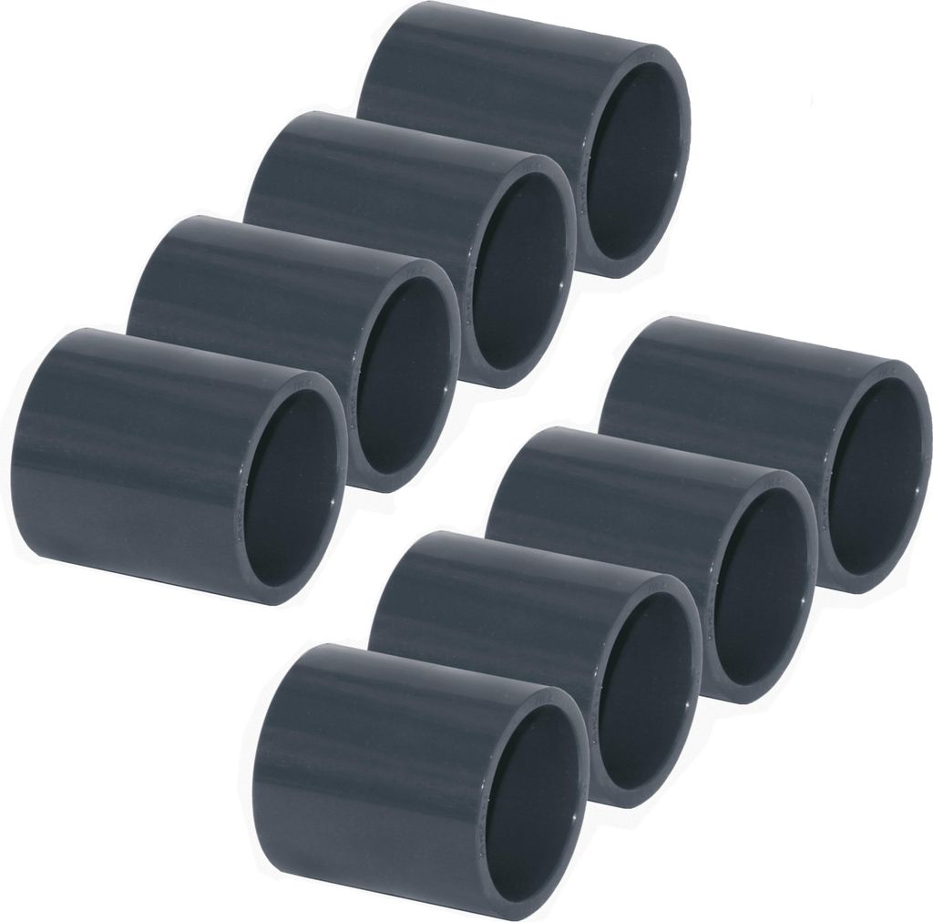 HAF 8x PVC Fittings Muffe mit 50mm | Klebemuffe x Klebemuffe | Verbinder aus grauem PVC-U | PN16 für PVC Rohr, Poolverrohrung, Rohrleitung & Teich