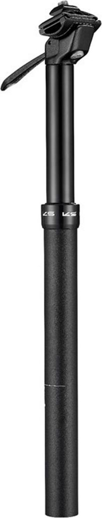 A black bicycle seat post with a saddle clamp at the top, presented against a white background.