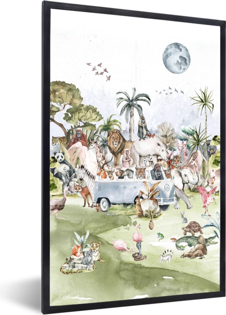 MuchoWow Gerahmtes Poster Dschungel - Bus - Tiere - Kinder - Pflanzen 60x90 cm - Poster mit Schwarzem Bilderrahmen Wandposter Rahmen Foto Bilder ...