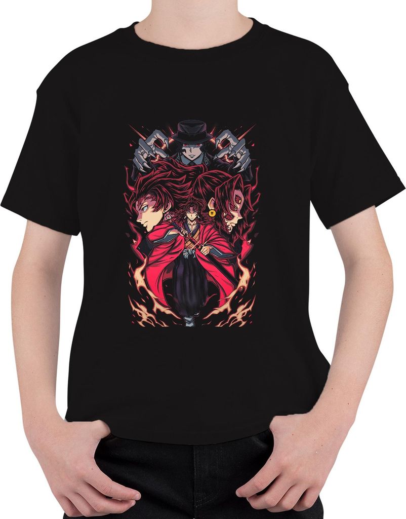 Samurai Katana Dämonenjäger Feuer Maske Anime Manga düster Uni Kinder T-Shirt, Schwarz, 104