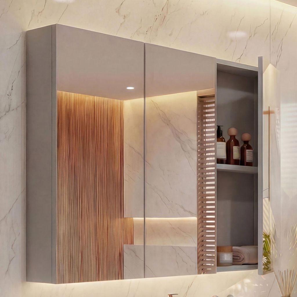 Spiegelschaaf HWC-B19b, badmeubel, hangkast, 6 planken, Productafbeelding 