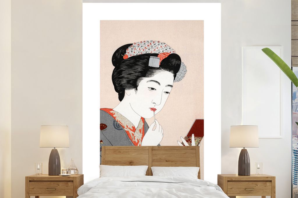 MuchoWow Fototapete für Wohnzimmer oder Schlafzimmer Wandtapete Vinyl Motivtapete Frau - Kimono - Schminken - Japan - Vintage - 180x280 cm - Wal...