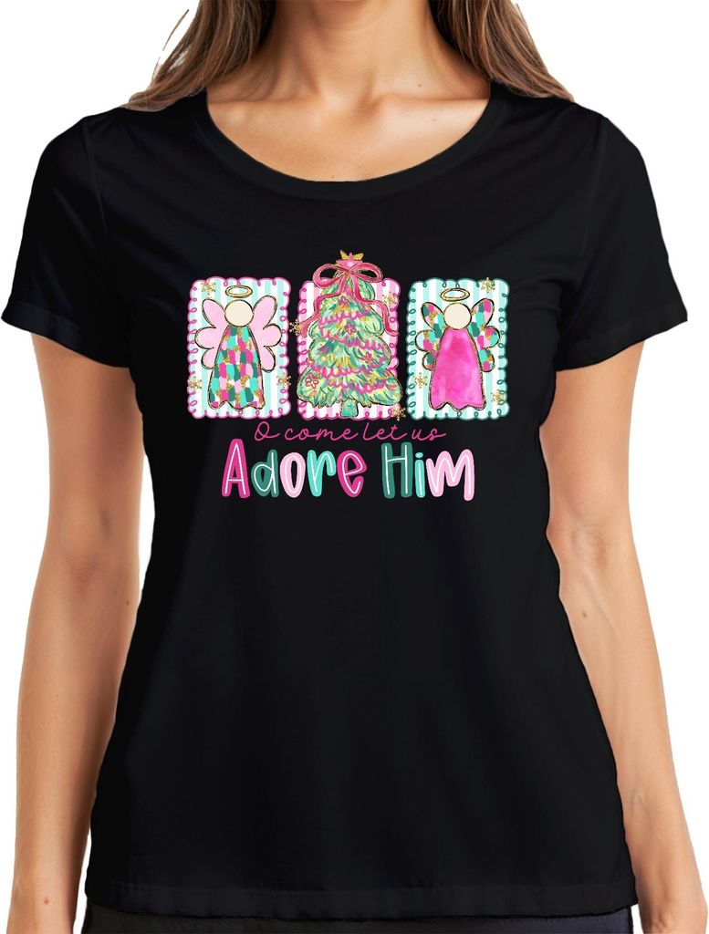 O come let us Adore Him Engel Weihnachtsbaum Christlich Pastell Damen T-Shirt, Schwarz, M