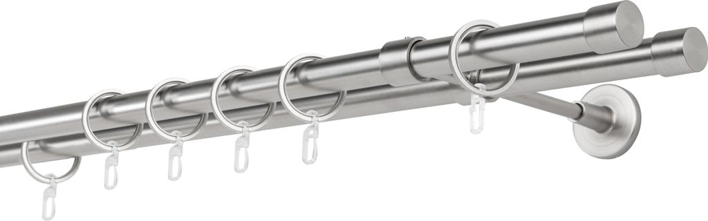 Gardinenstange auf Maß 20mm Cap 2-lauf Wandträger 20cm Farbe: Edelstahl-Optik, Größe: 390cm