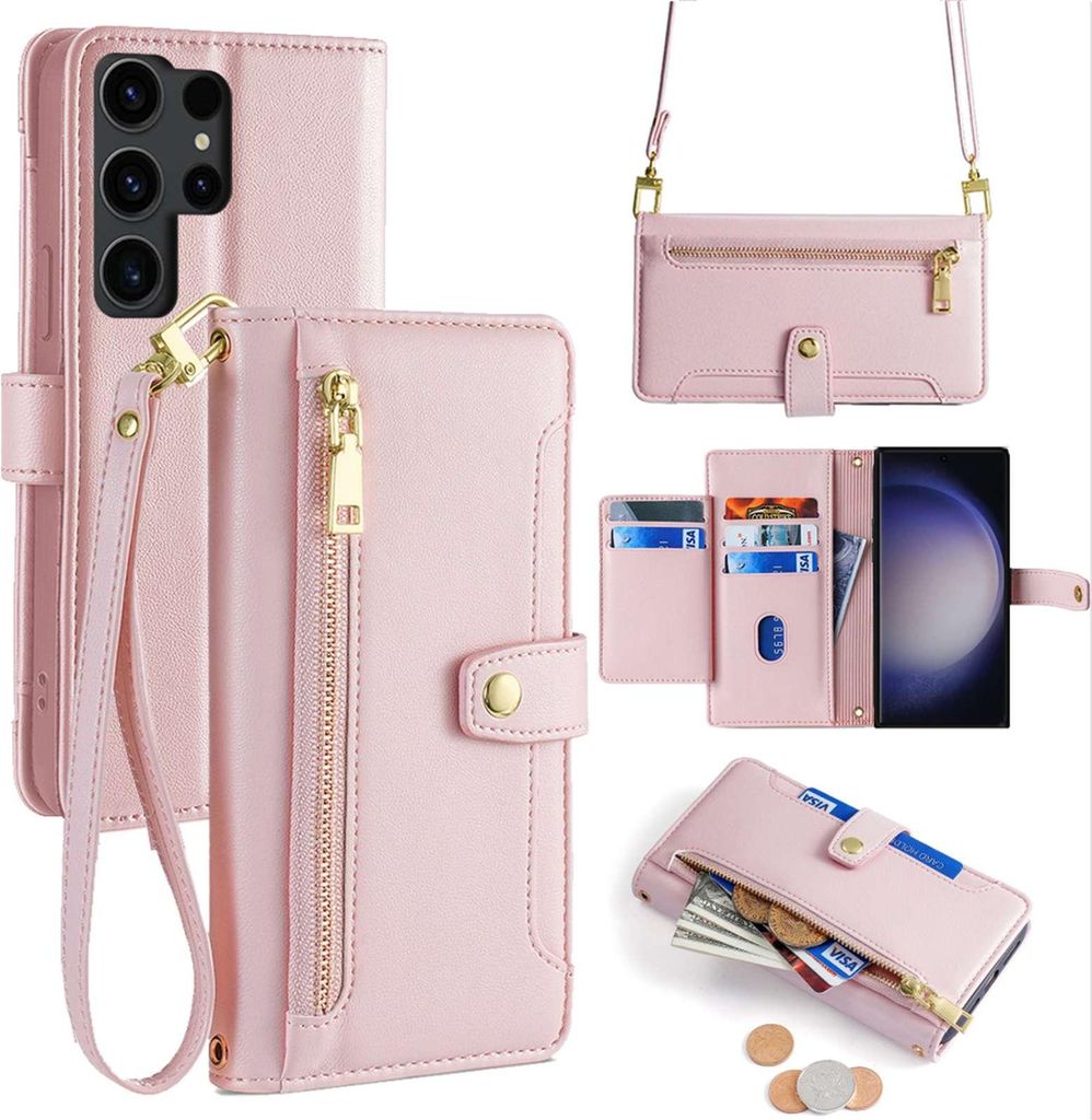 Handykette Samsung Hülle mit Band Handyhülle Kartenfächer Kunstleder Umhängetasche Galaxy S23 Ultra Rosa